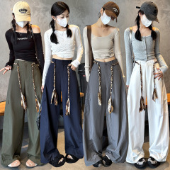实拍2025秋新款工装裤女编织腰带阔腿裤美式松弛感辣妹户外休闲裤