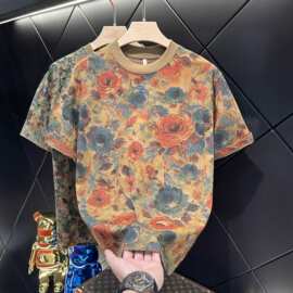 夏季高级感新款潮牌满印撞色玫瑰花圆领短袖T恤百搭潮流套头上衣