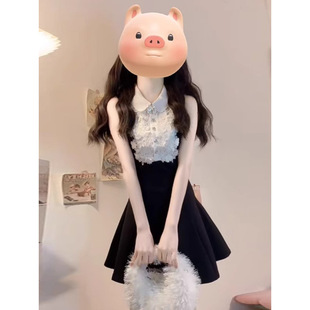 富家千金高級感黑色無袖背心連衣裙夏季蕾絲設計感收腰a字蓬蓬裙