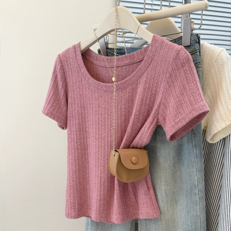 Striped Short-Sleeve T-Shirt with Buttoned Half-Collar for Women, Summer Loose Fit Korean Style Base Layer Top with Unique Design Striped Short-Sleeve T-Shirt with Buttoned Half-Collar for Women, Summer Loose Fit Korean Style Base Layer Top with Unique Design