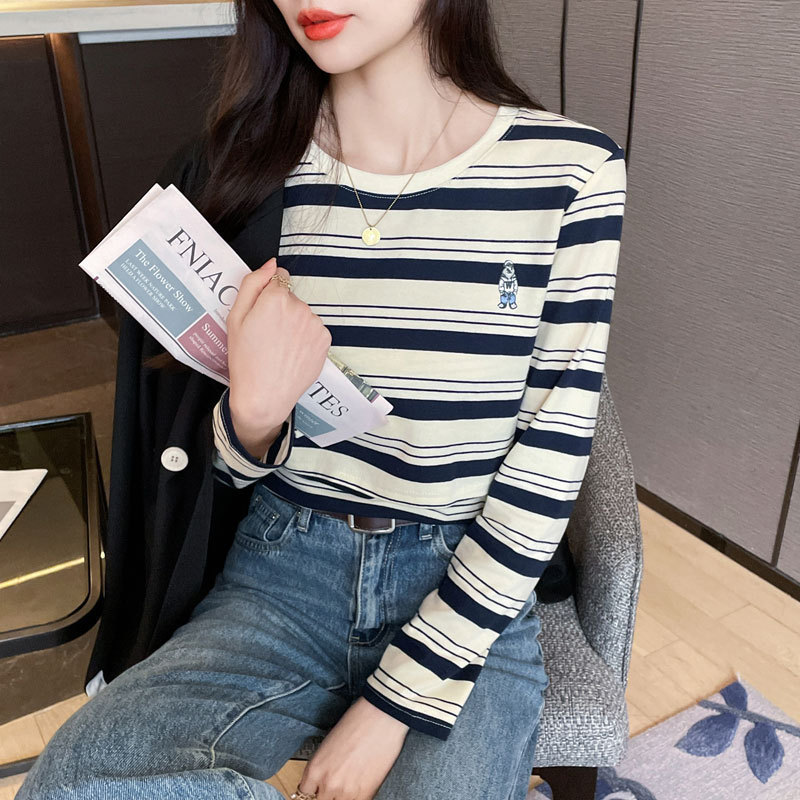 実写スポット授乳服秋冬新作授乳純綿長袖ストライプtシャツ産後底授乳上着|undefined
