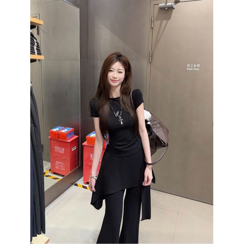 辣妹收腰显瘦短袖恤女夏季套装不规则微喇叭裤休闲裤时尚两件套|undefined