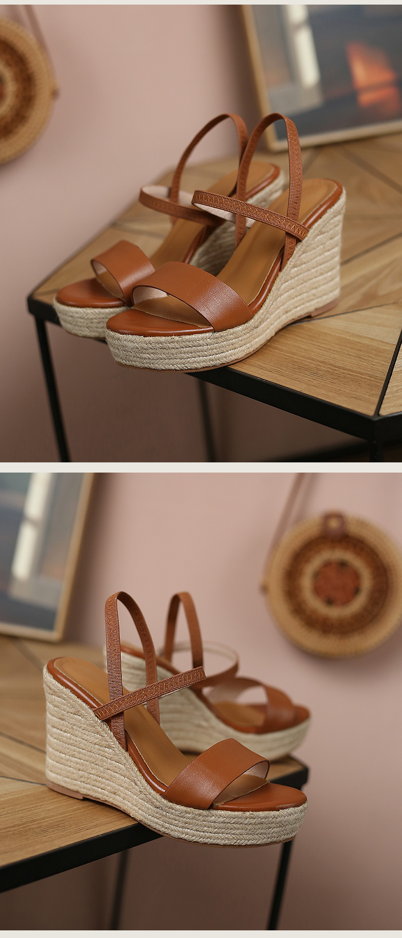 Sandal cao gót nữ hở mũi đế xuồng cói phong cách retro, gót platform 8 cm — nâu chi tiết 9
