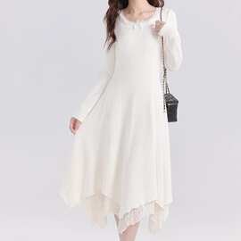 温柔风纯白连衣裙女可配大衣秋冬季2025新款内搭打底蕾丝长裙子
