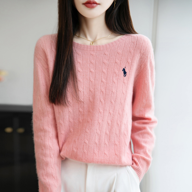 2025秋新款女式针织衫套头圆领麻花毛衣女打底衫长袖韩纯色上衣