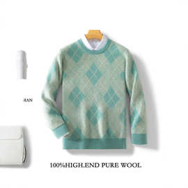 2025男100%纯羊毛衫圆领菱形格嵌花羊毛针织长袖套头毛衣休闲百搭