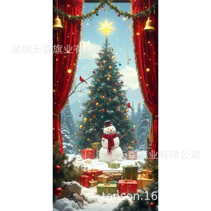 圣诞节门盖冬季雪人节日门套欧美跨境派对布置背景布新款门盖|undefined
