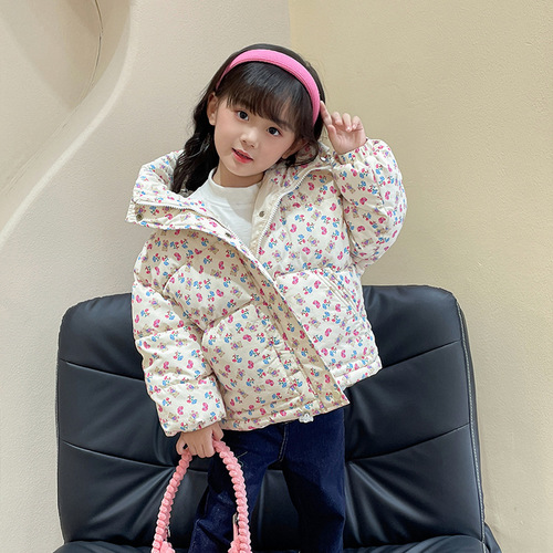 Women's Floral Hooded Down Cotton Coat Korean Style Children's Winter Jacket Child Anti-stain Thick Fashion Baby Cotton Padded Jacket