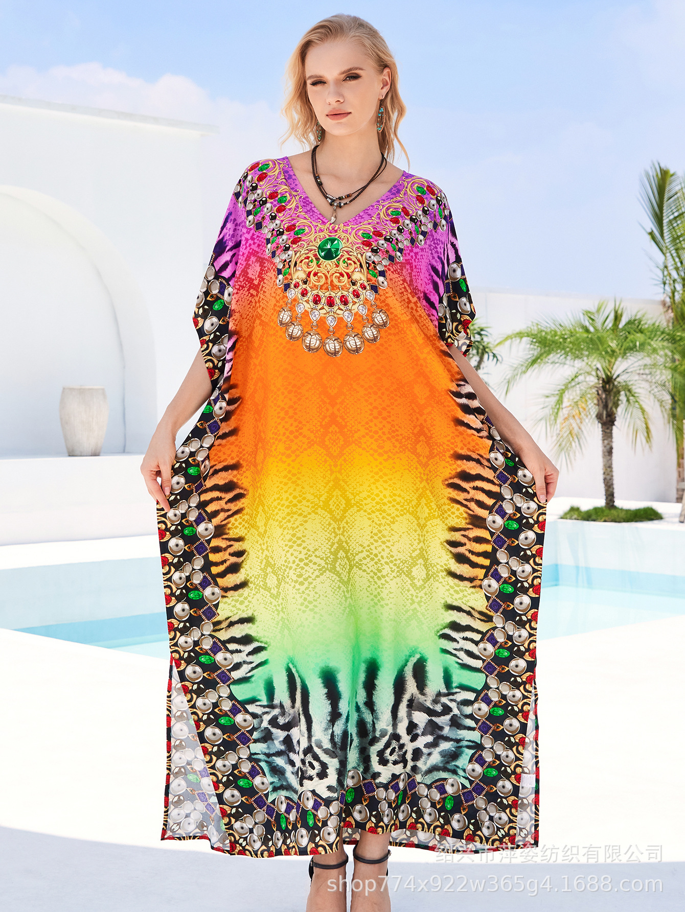 Camiseta de playa de algodón impresa de posicionamiento suelta vestido de vacaciones camisa protector solar bikini camisa AT603