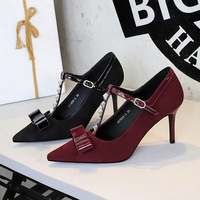 1826-AH83 style banquet bow rivet T-shaped buckle pointed high heels suede sexy women's shoes single shoe