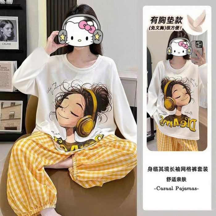源头工厂带胸垫长袖睡衣女春秋云朵棉宽松卡通女士韩版家居服套装|undefined
