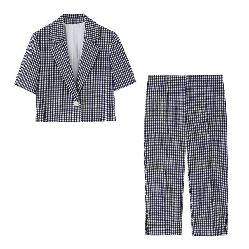 Nssf-Homemade-Foreign Trade New Cross-Border European and American Women's Fashion Small Checkered Short Blazer + Plaid Capri Pants