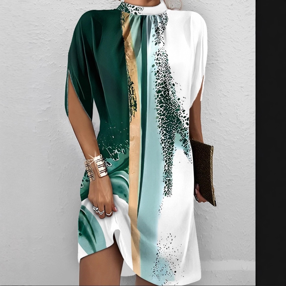 2023 transfronteriza europea y americana nueva ropa de mujer Amazon estación independiente de moda cuello redondo manga Batwing suelta vestido de cuello redondo image 2