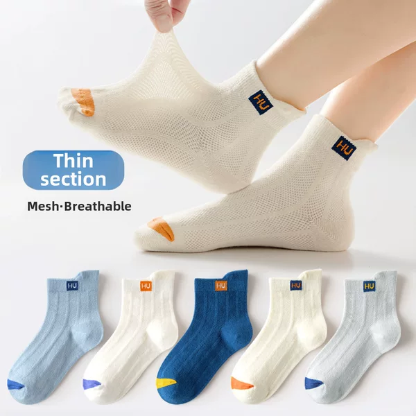 New Spring and Summer Boys' Socks, Thin Sports Cotton Socks, Mesh Breathable Children's Socks, Mid-Tube Lettered Trendy Socks Wholesale