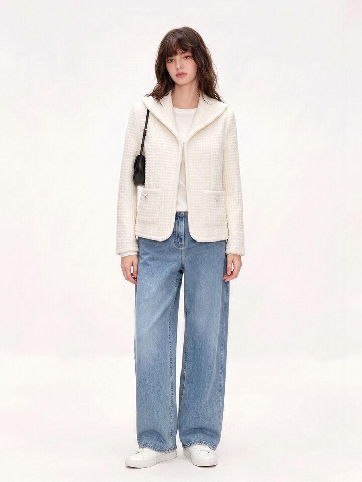 Áo khoác ngắn nữ dáng vest chất liệu len cừu phối vải tweed thanh lịch — Vanilla trắng
