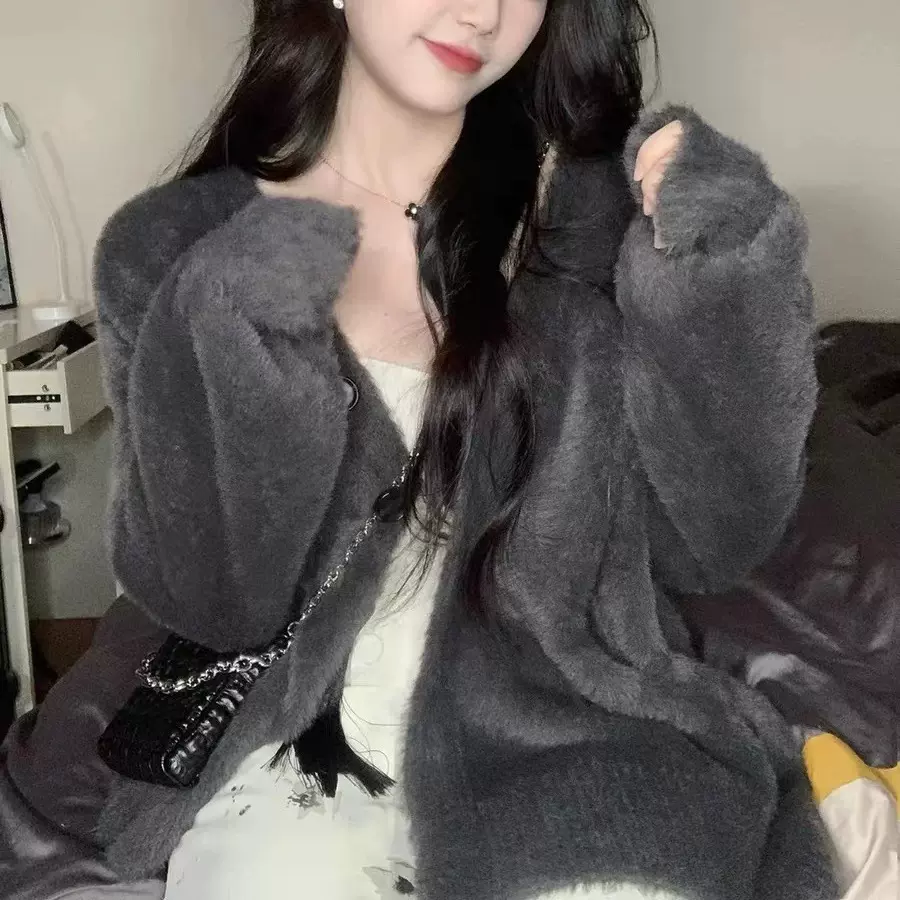 水貂绒小众设计感水貂绒毛衣女2024秋季日系慵懒复古针织开衫外套