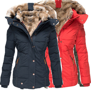 Spot Wish Amazon Winter Warm Fur Collar Cotton Outwear Women's Zipper Long-Sleeved Slim Hooded Cotton Outwear W128