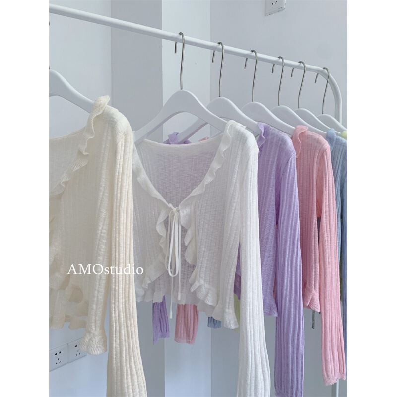 Ruffled Lace-up Ice Silk Knitted Sunscreen Cardigan Summer Thin Women's Small Shawl Coat Pure Sweet and Spicy