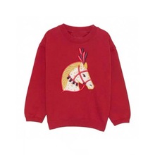 2026新款女童重工刺绣小马喜庆红色过年纯棉毛圈卫衣圆领上衣