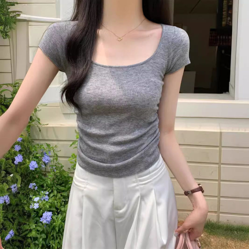 Pure Desire スクエアネック鎖骨漏れニット半袖レディース 2025 夏新作韓国スリムフィット Tシャツ薄手トップ|undefined