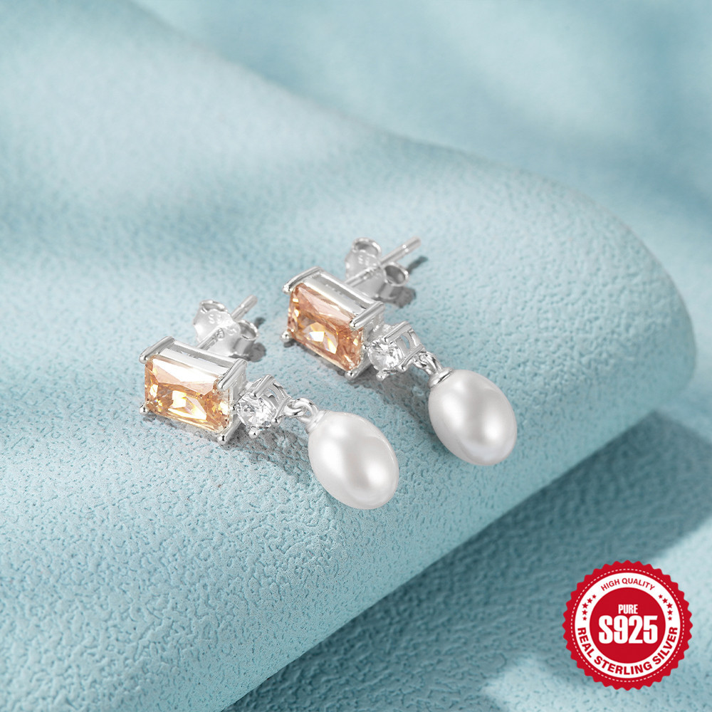 Plating, Inlay Design 1 Pair 925 Sterling Silver Zircon Geometric Color Block Drop Earrings