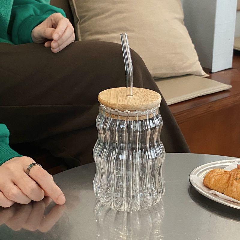 Taza de una sola capa resistente a altas temperaturas doméstica con taza de vidrio de paja con tapa de vidrio de alto silicio transparente taza de bebida de nubes verticales