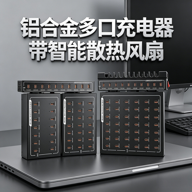 Aluminum Alloy Multi-Port USB Charger with Cooling Fan Multi-Port Charging Station for Mobile Phones and Tablets Aluminum Alloy Multi-Port USB Charger with Cooling Fan Multi-Port Charging Station for Mobile Phones and Tablets