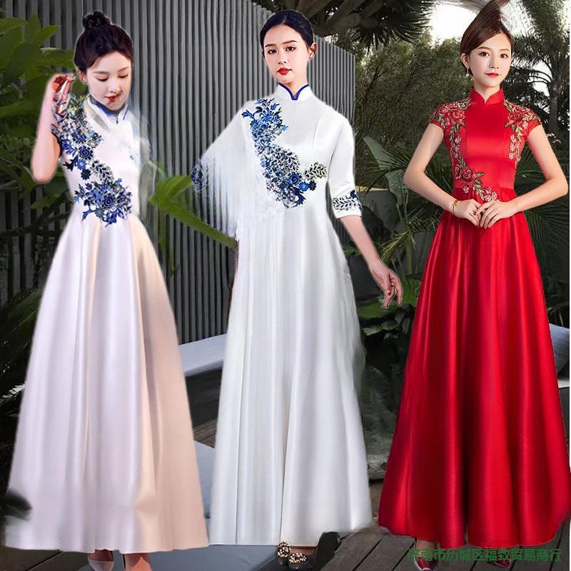 Etiquette Reception Clothing Etiquette Cheongsam Clothing Lady Gold Store Event Style Blue and White Award Dress Hotel Reception Etiquette Reception Clothing Etiquette Cheongsam Clothing Lady Gold Store Event Style Blue and White Award Dress Hotel Reception