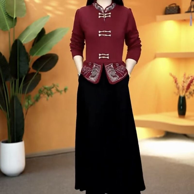 子欧美妈妈装过膝裙刺绣早春假两件时尚新款春秋连衣裙显瘦减龄|undefined