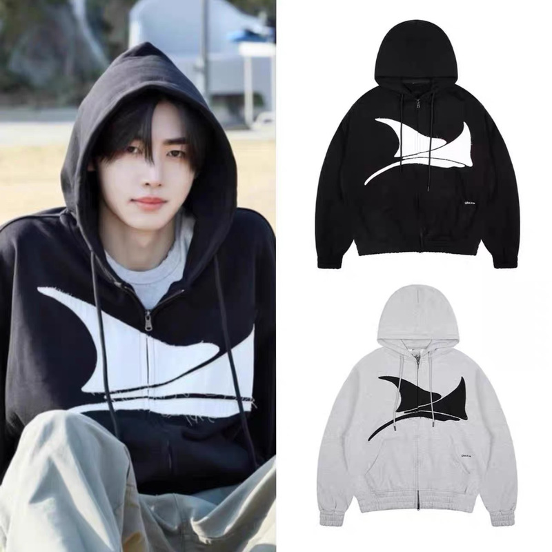 Korean Trendy Brand Shen Cailun and Park Sung-Hoon's Same Style Gl*Ck Patch Hooded Sweatshirt Zipper Jacket for Men and Women, Korean Style
