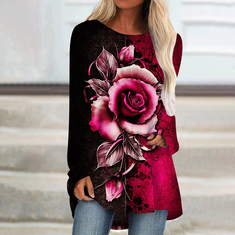 2023 летнее трансграничное платье Amazon с длинными рукавами 3D-печать Новое цветочное уличное популярное женское длинное платье с рукавами реглан