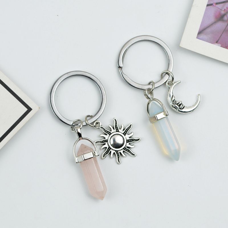 New European and American foreign trade export fashion retro Valentine's Day alloy love moon sun natural stone keychain