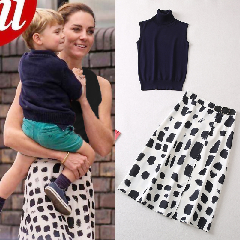 Princess Kate with 22 autumn women's turtleneck sapphire blue waistcoat sweater + black and white hip overskirt set