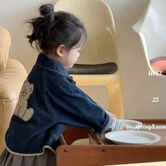 韩版女童牛仔外套2025春秋新款复古卡通刺绣小熊翻领宽松夹克上衣|undefined