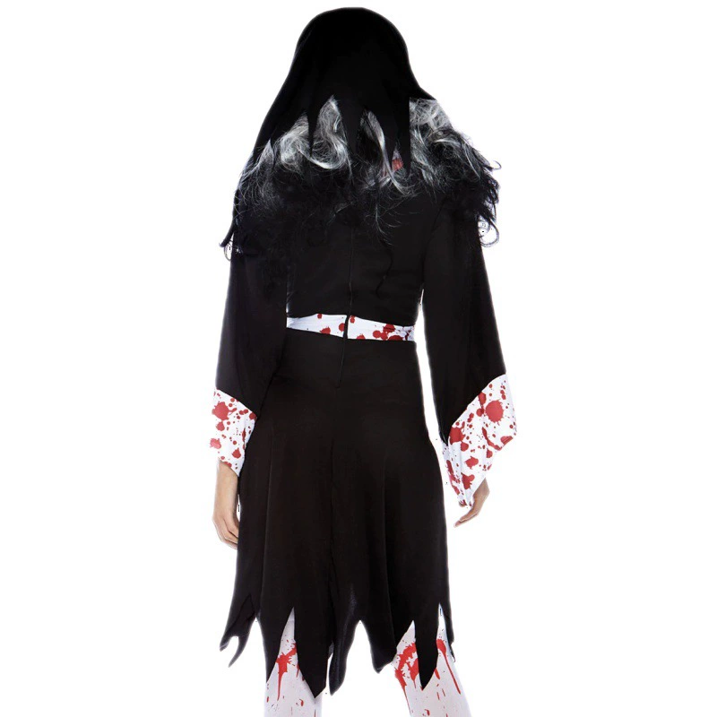 Костюм «зомби‑монахиня» (S–XL), платье с пятнами крови и капюшон, полиэстер