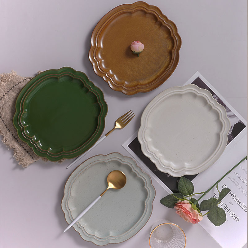 日式花邊陶瓷平盤創意水果甜品淺盤復古家用手工不規則菜盤雲朵盤