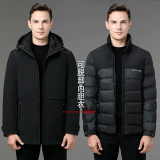 专柜羽绒服男2023冬季连帽保暖可拆卸鹅绒内胆中老年爸爸外套批发