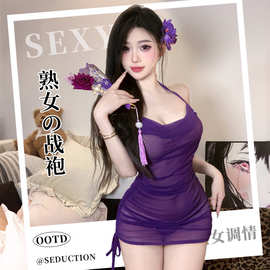 性感辣妹纯欲网纱吊带连衣裙女褶皱包臀透视免脱睡裙套装2168