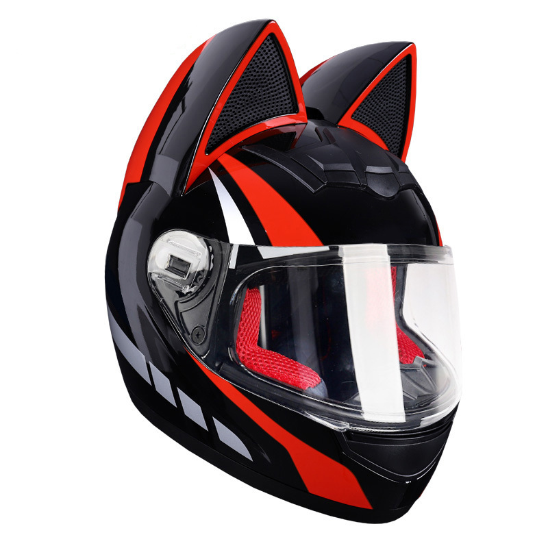 Casco de motocicleta eléctrica HNJ, casco integral con oreja de gato certificado 3C para mujer, verano, se puede equipar con auriculares Bluetooth, casco integral para motocicleta