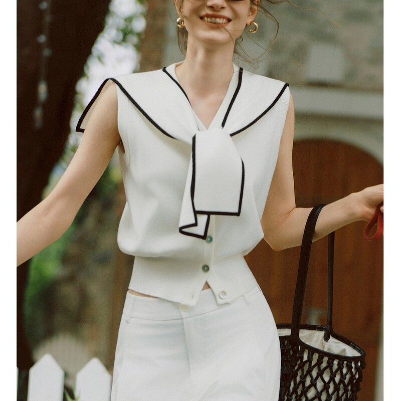 【Nautical Princess】Ellf Navy Collar Shawl Sleeveless Top for Women 2026 Spring New Design Knitwear