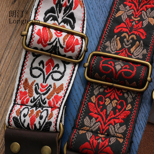 Featured embroidered guitar strap, genuine leather head bass shoulder strap, thickened and widened folk electric guitar diagonal strap accessories