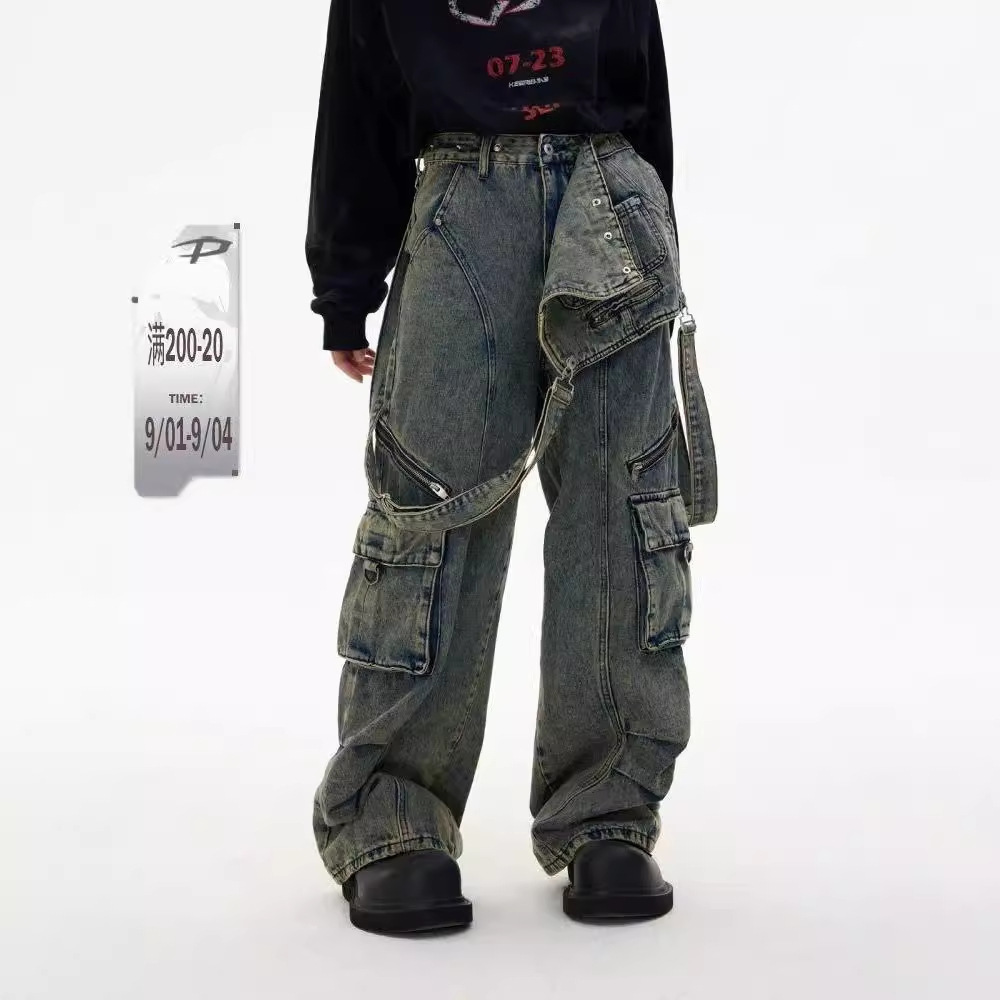 可拆卸背带牛仔裤男女复古氧化做旧水洗多口袋工装背带裤情侣帅气