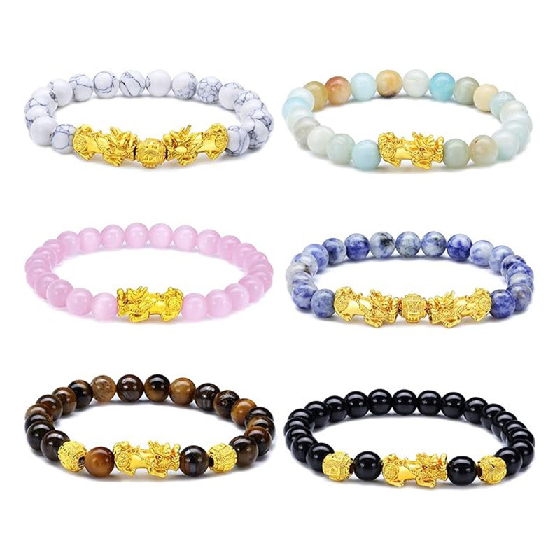 Cross-border Feng Shui Bracelet for Men and Women Wealth Shipping Beads Pixiu Tiger Eye Stone Bracelet Lucky Fortune Lucky Powder Crystal Elastic Bracelet