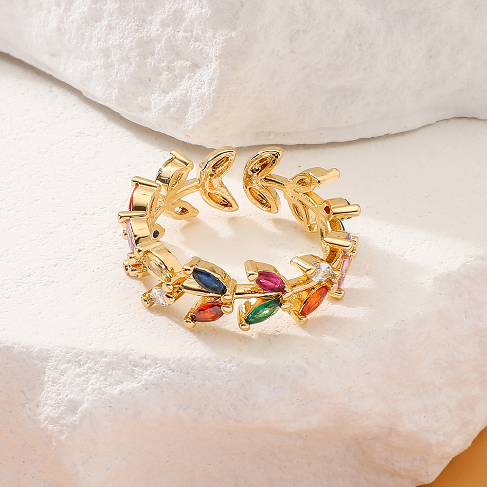 Sweet Leaf Copper Plating Zircon Open Ring 1 Piece