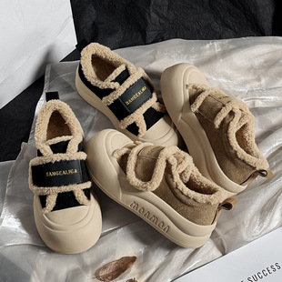 Genuine Leather Velvet Bread Shoes for Women 2025 Winter New Velcro Retro Sneakers Thick-Soled White Shoes Versatile Shoes