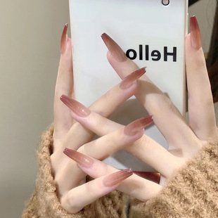 Simple manicure chestnut red gradient wear nail polish piece fake nail temperament long ballet nail finished product 24 pieces removable