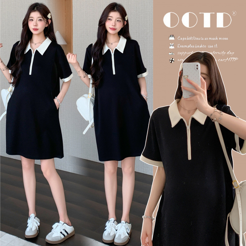 Maternity Wear Trendy Mom New Summer Outfit French Style during Pregnancy Polo Collar Plus Size Dress Beautiful Dress for Pregnant Women Maternity Wear Trendy Mom New Summer Outfit French Style during Pregnancy Polo Collar Plus Size Dress Beautiful Dress for Pregnant Women