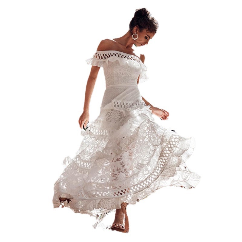 Vestido de encaje europeo y americano de verano transfronterizo 2025 para mujer, vestido de fiesta de boda con volantes y hombros descubiertos de Amazon. image 6