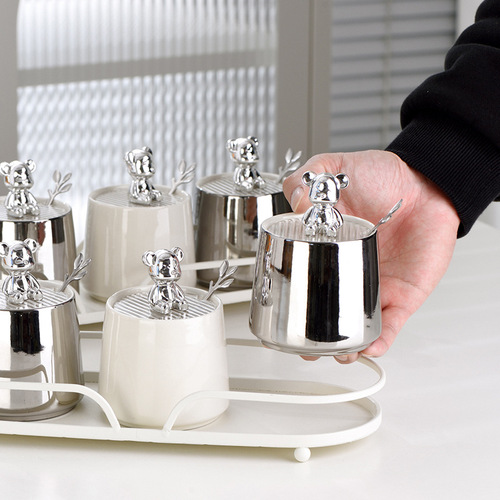 Electroplated Bear Ceramic Seasoning Jar Full Set of Seasoning Supplies Light Luxury Seasoning Jar Dustproof Salt Shaker Set Wholesale