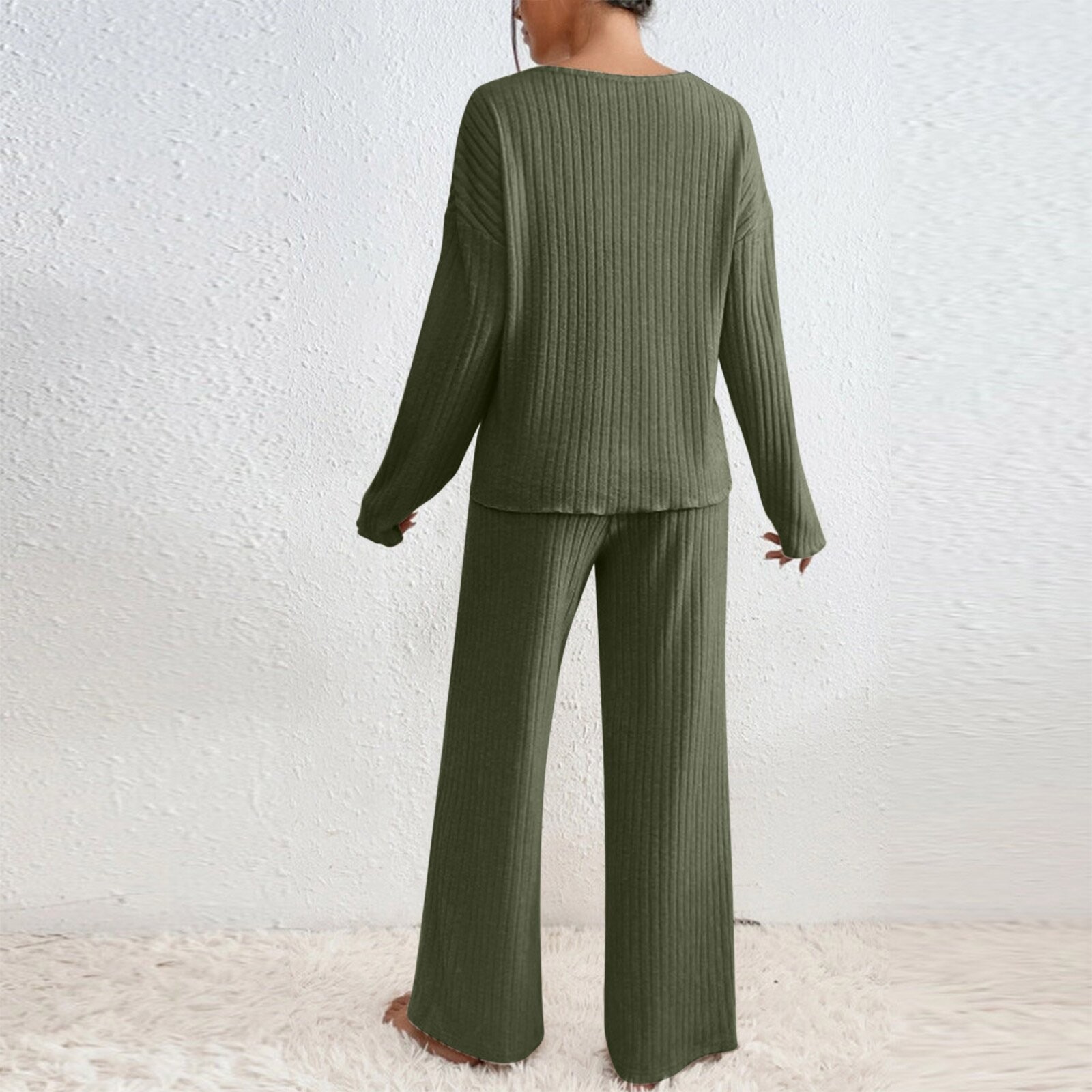 Women's Long Sleeve V-Neck Casual Lounge Set - Soft Brushed Striped Jogger Pants & Top (S-XXL, Autumn/Winter Collection)_voghion.com